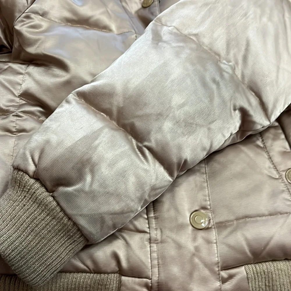 Old Navy tan/gold shiny puffer jacket with faux fur lined hood Size S